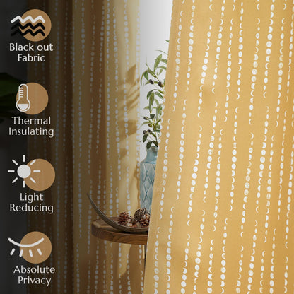jinchan Boho Blackout Curtains 63 Inch Length Moon Phase Printed Drapes