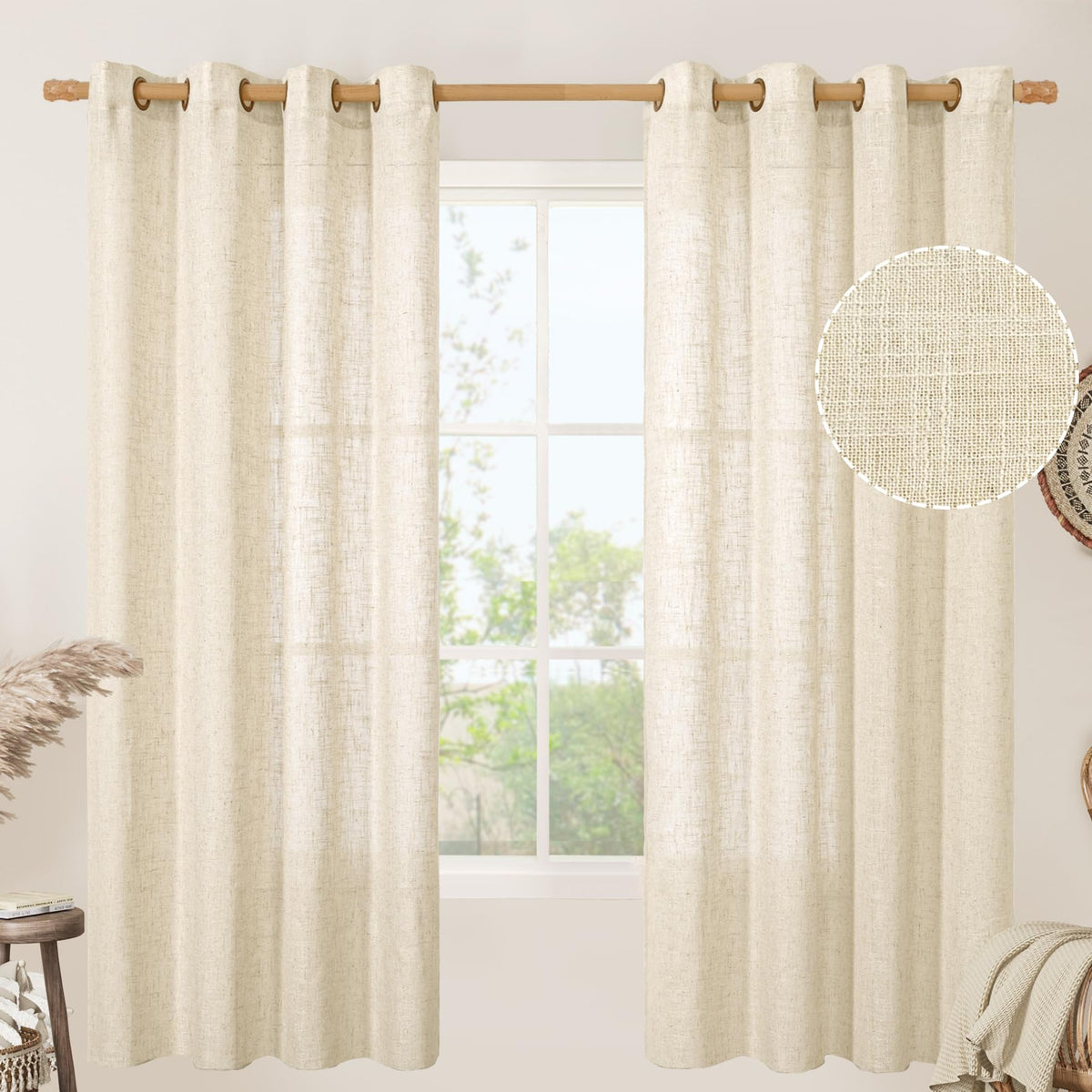 LAMIT Cream Ivory Linen Semi Sheer Curtains 84 inch Length for Bedroom