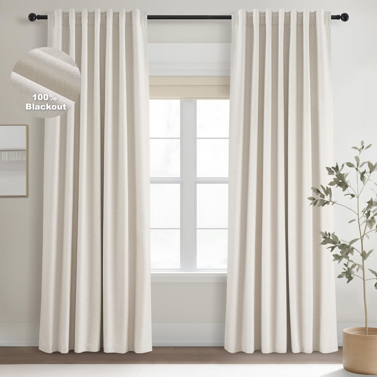 Topfinel Cream Ivory Blackout Curtains & Drapes 84 Inch Length, Beige Pinch Pleat Full Blackout Flax Linen Tab Top Soundproof Curtains with Hooks Rings for Bedroom Living Room Track 2 Panels Set