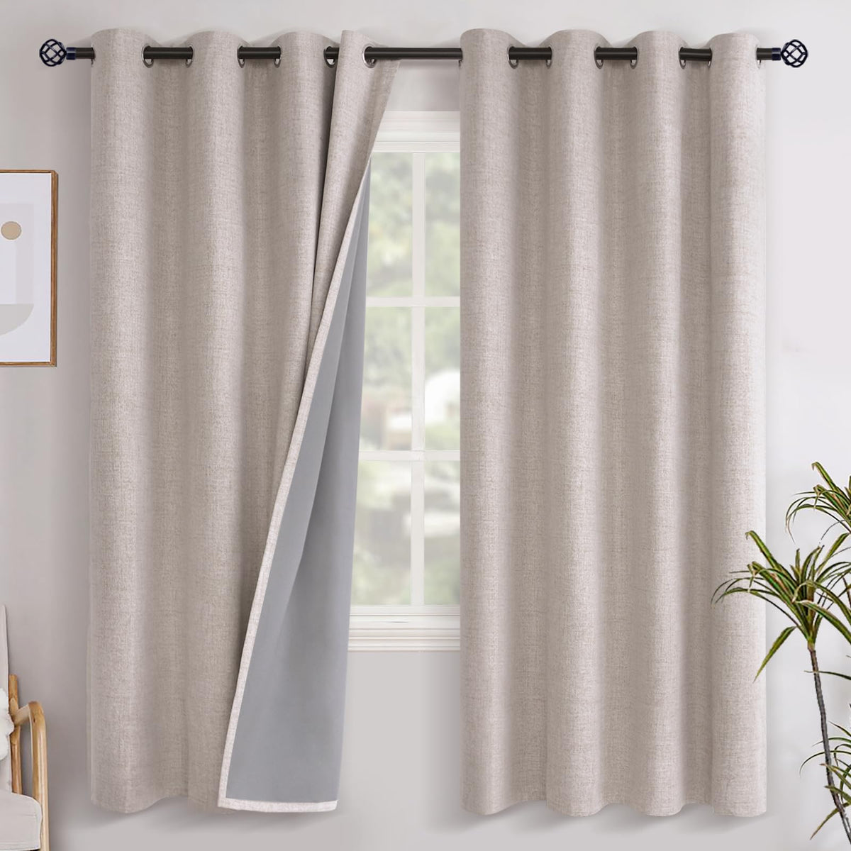 YoungsTex Linen Blackout Curtains 63 Inch Length Bedroom Beige Darkening