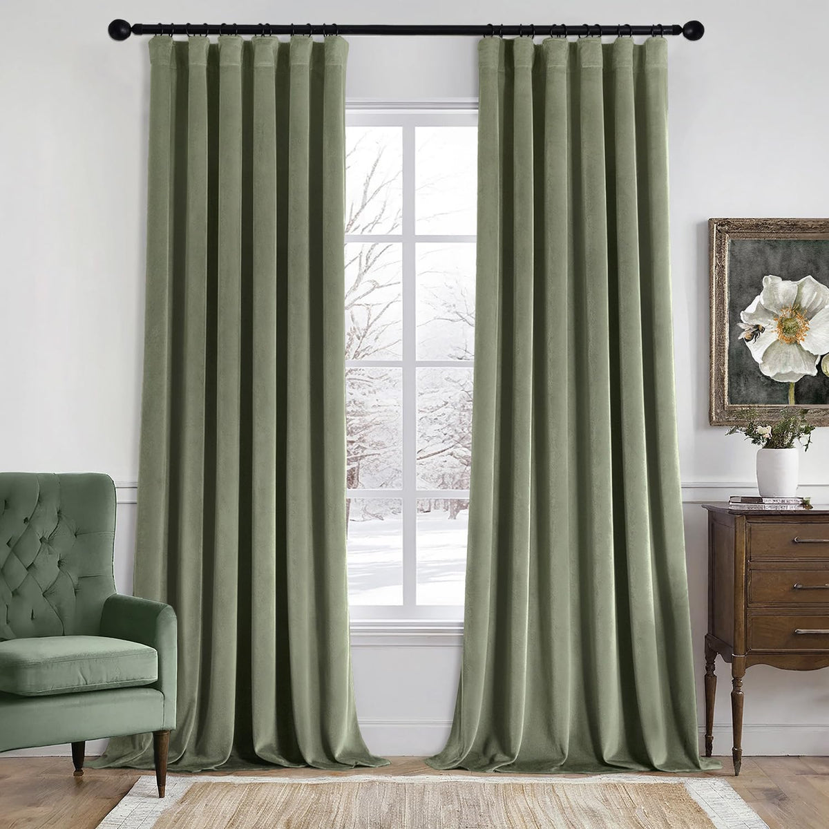 MIULEE Velvet Curtains 52x84 inches 2 Panels Olive Green Blackout Curtains