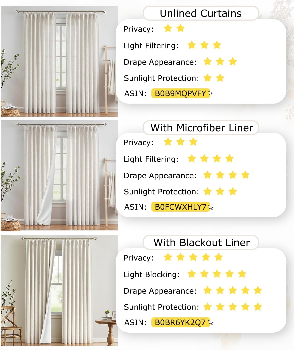 Vision Home Natural Linen Pinch Pleated Semi Sheer Curtains 42Wx90Lx2