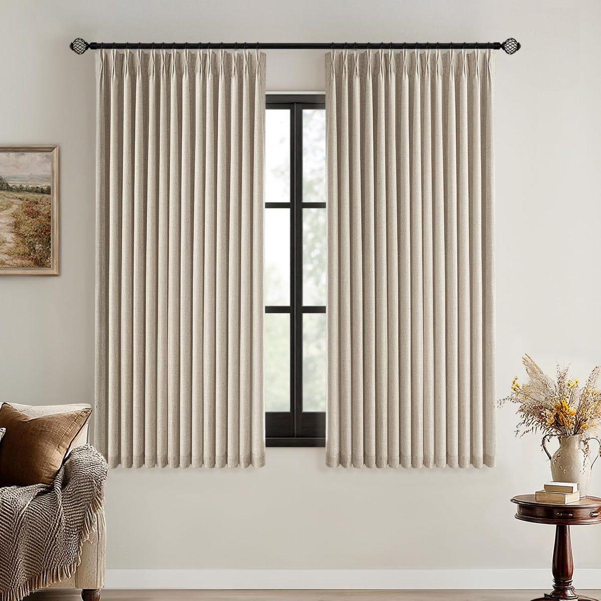 MIULEE Natural Pinch Pleated 100% Blackout Linen Curtains 40x84 Inches