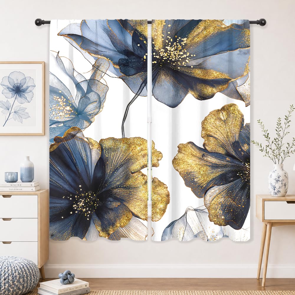 Navy Blue Floral Abstract Modern Dark Living Room Bedroom Window Curtains
