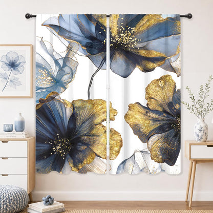 Navy Blue Floral Abstract Modern Dark Living Room Bedroom Window Curtains