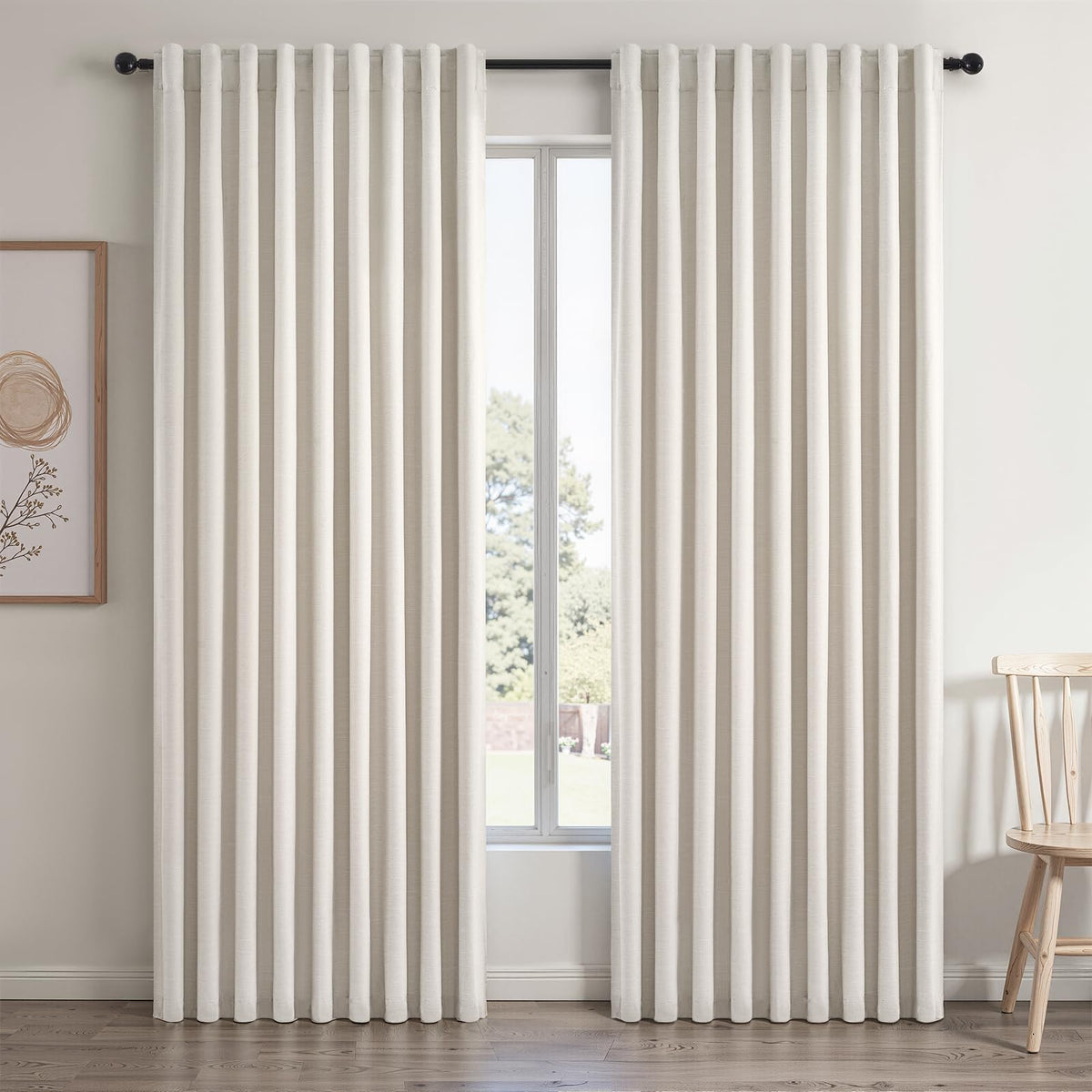 Topfinel Cream Ivory Blackout Curtains & Drapes 84 Inch Length, Beige Pinch Pleat Full Blackout Flax Linen Tab Top Soundproof Curtains with Hooks Rings for Bedroom Living Room Track 2 Panels Set