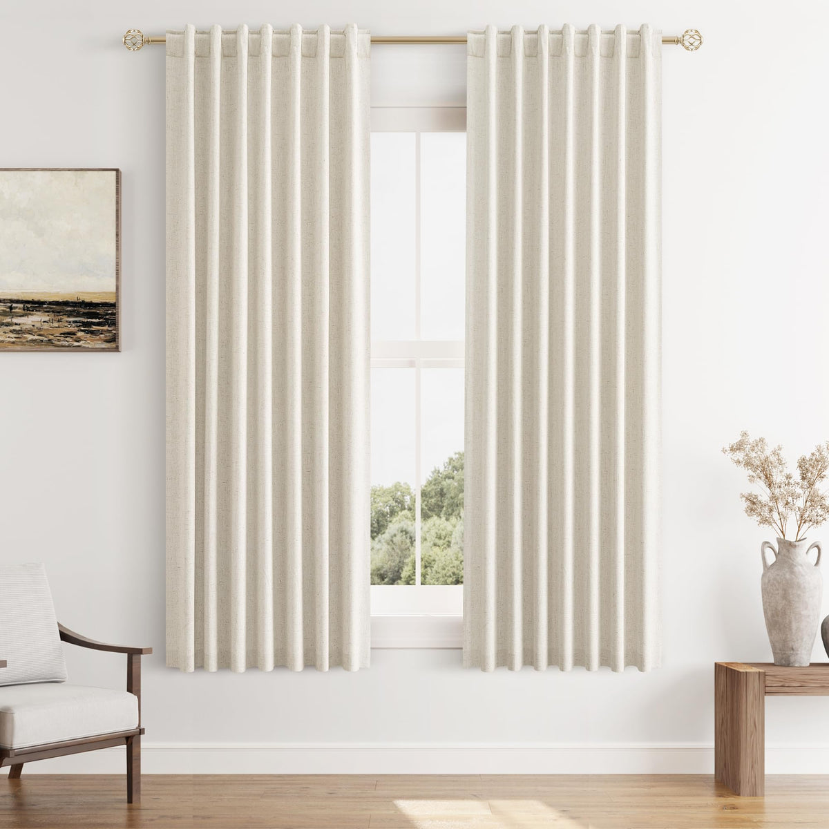 Guken Cream Linen Blackout Curtains 84 Inch Length 2 Panels Set for Living Room Bedroom Back Tab Thermal Insulated 100% Black Out Drapes Room Darkening Window Curtain Ivory Natural Beige