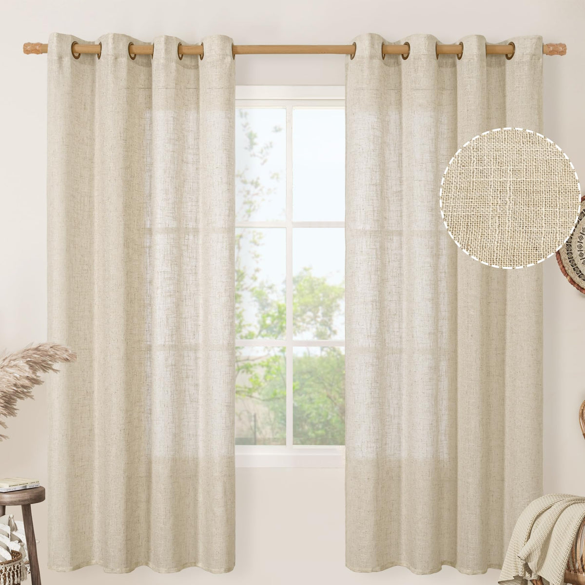 LAMIT Cream Ivory Linen Semi Sheer Curtains 84 inch Length for Bedroom