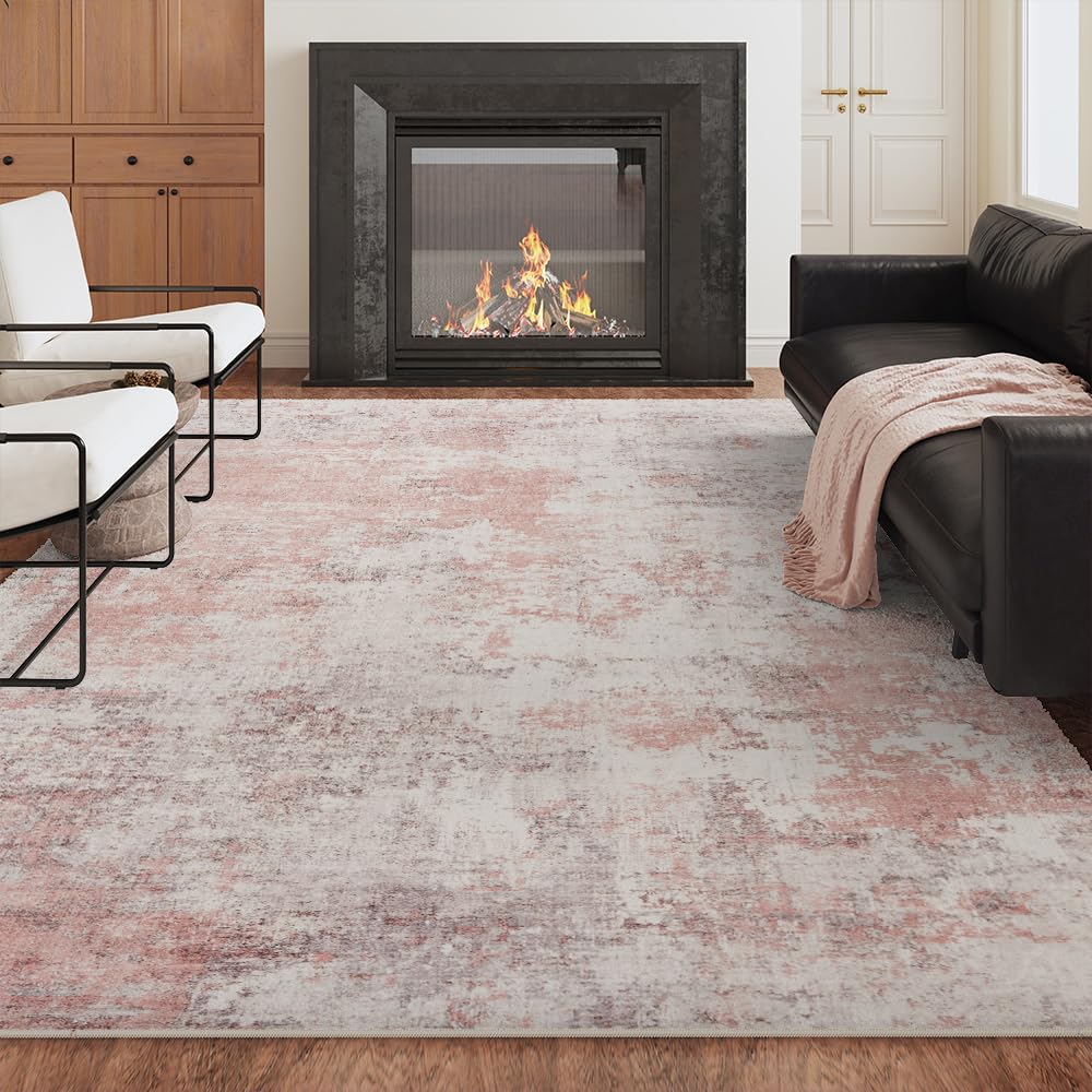 8x10 Pink Gray Washable Area Rug for Living Room, Vintage Print