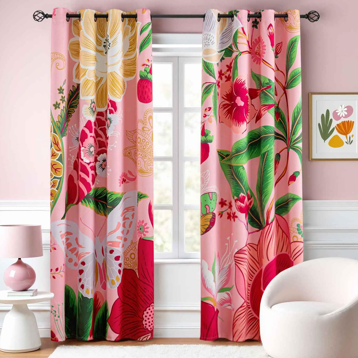 Tyrot Black Boho Floral Grommet Blackout Curtains, 52W x 84L, 2 Panels