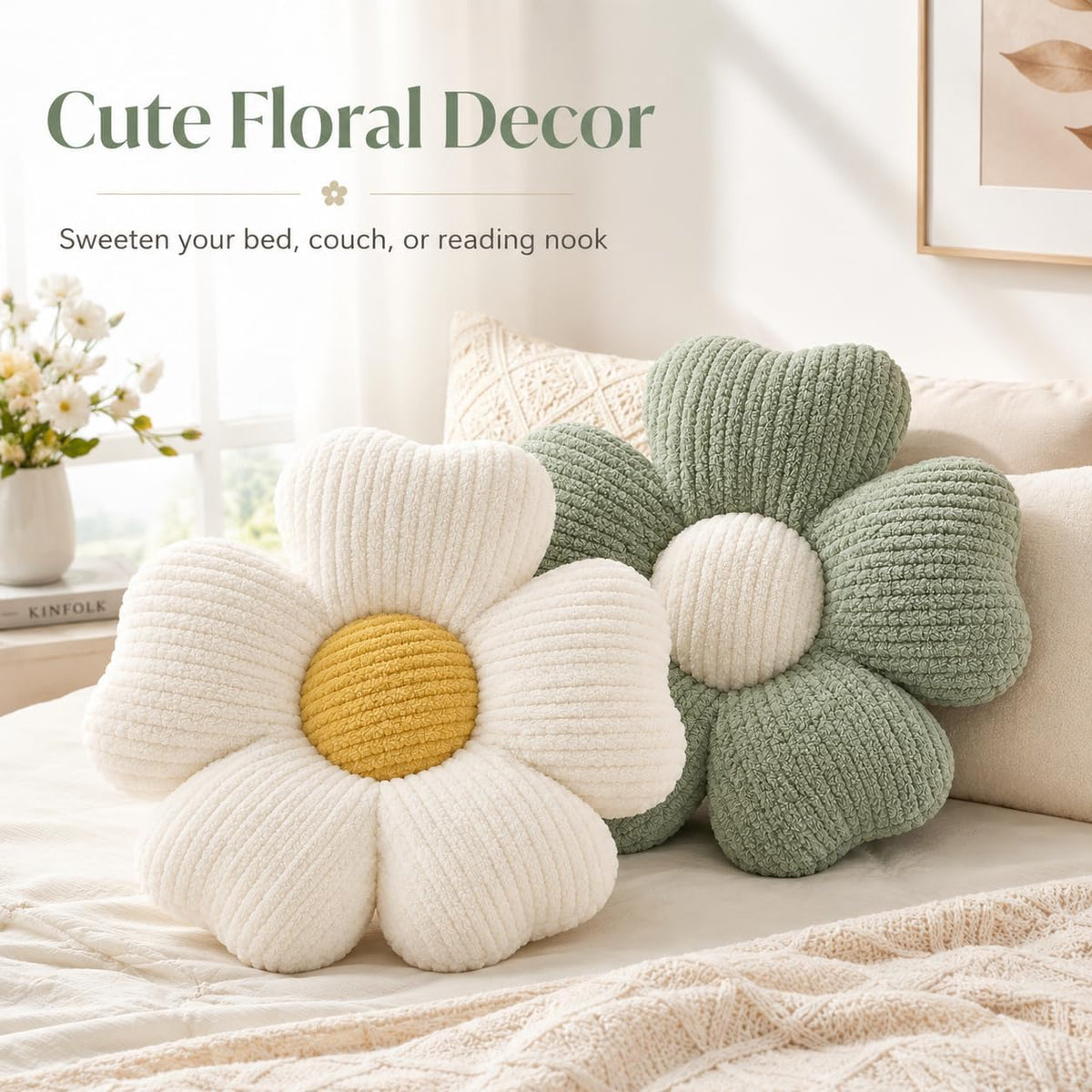 2 Pcs Flower Pillow, 15''Soft Cute Daisy Decorative Pillows Floor Seating Cushion for Bed Couch Bedroom Room Dorm Home Decor & Gift (Sage Green & Ivory)