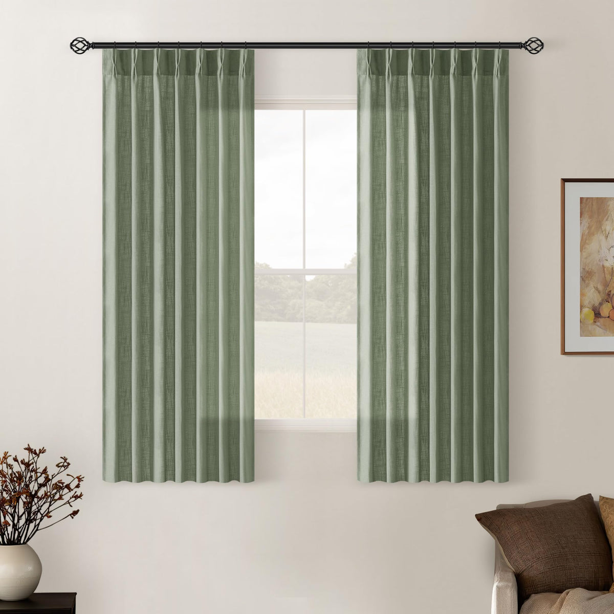 TWODRAPES Natural Pinch Pleated Linen Semi Sheer 84 Inch Curtains 2 Panels