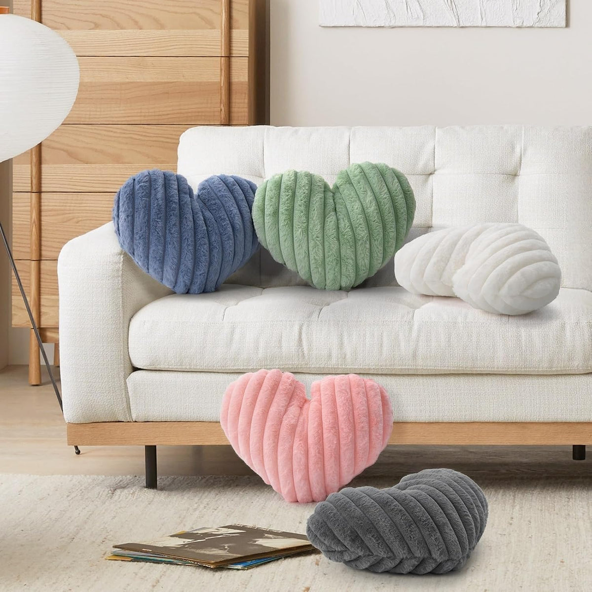 16 Inch White Heart Pillow Cute Fluffy Decorative Throw Pillows for Bed