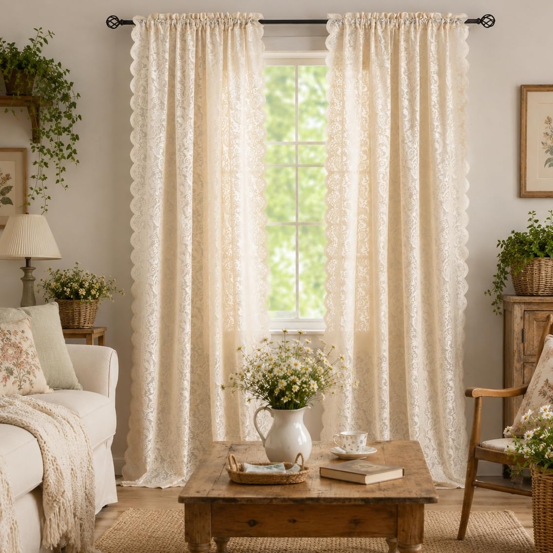 ALIGOGO Black Lace Curtains for Living Room, Gothic Decor, 52W x 84L Inch