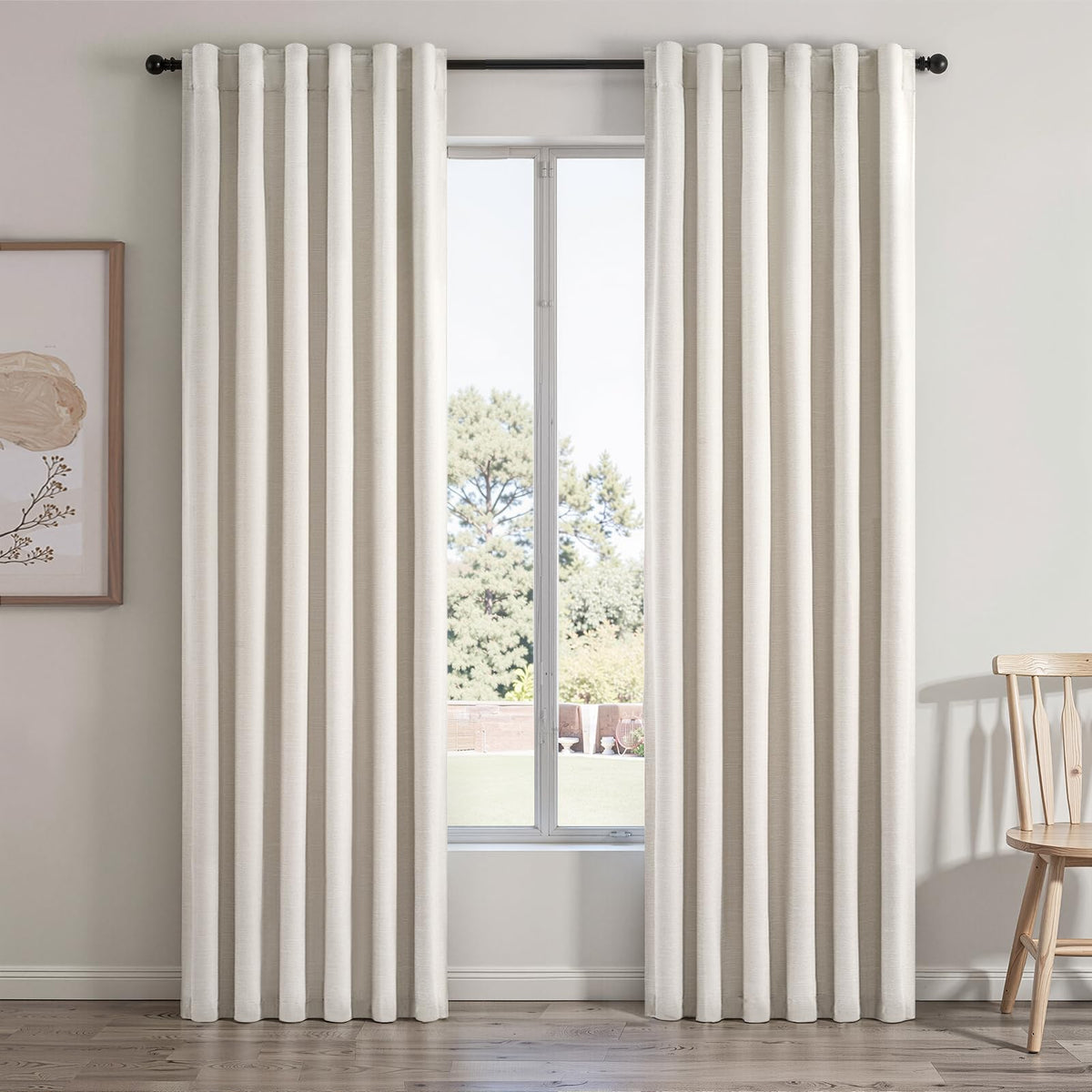 Topfinel Cream Ivory Blackout Curtains & Drapes 84 Inch Length, Beige Pinch Pleat Full Blackout Flax Linen Tab Top Soundproof Curtains with Hooks Rings for Bedroom Living Room Track 2 Panels Set