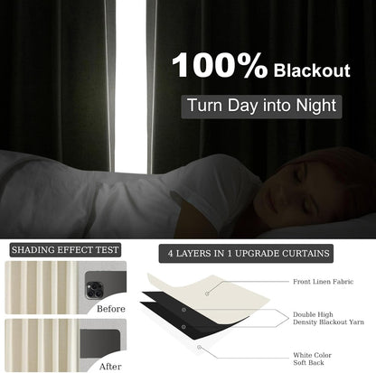 Topfinel Cream Ivory Blackout Curtains & Drapes 84 Inch Length, Beige Pinch Pleat Full Blackout Flax Linen Tab Top Soundproof Curtains with Hooks Rings for Bedroom Living Room Track 2 Panels Set