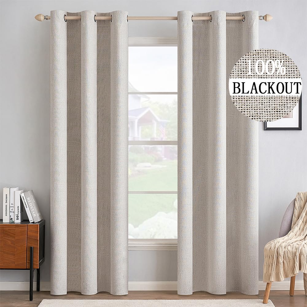 MIULEE 100% Blackout Linen Curtains for Bedroom 52x84 Inches Natural Beige