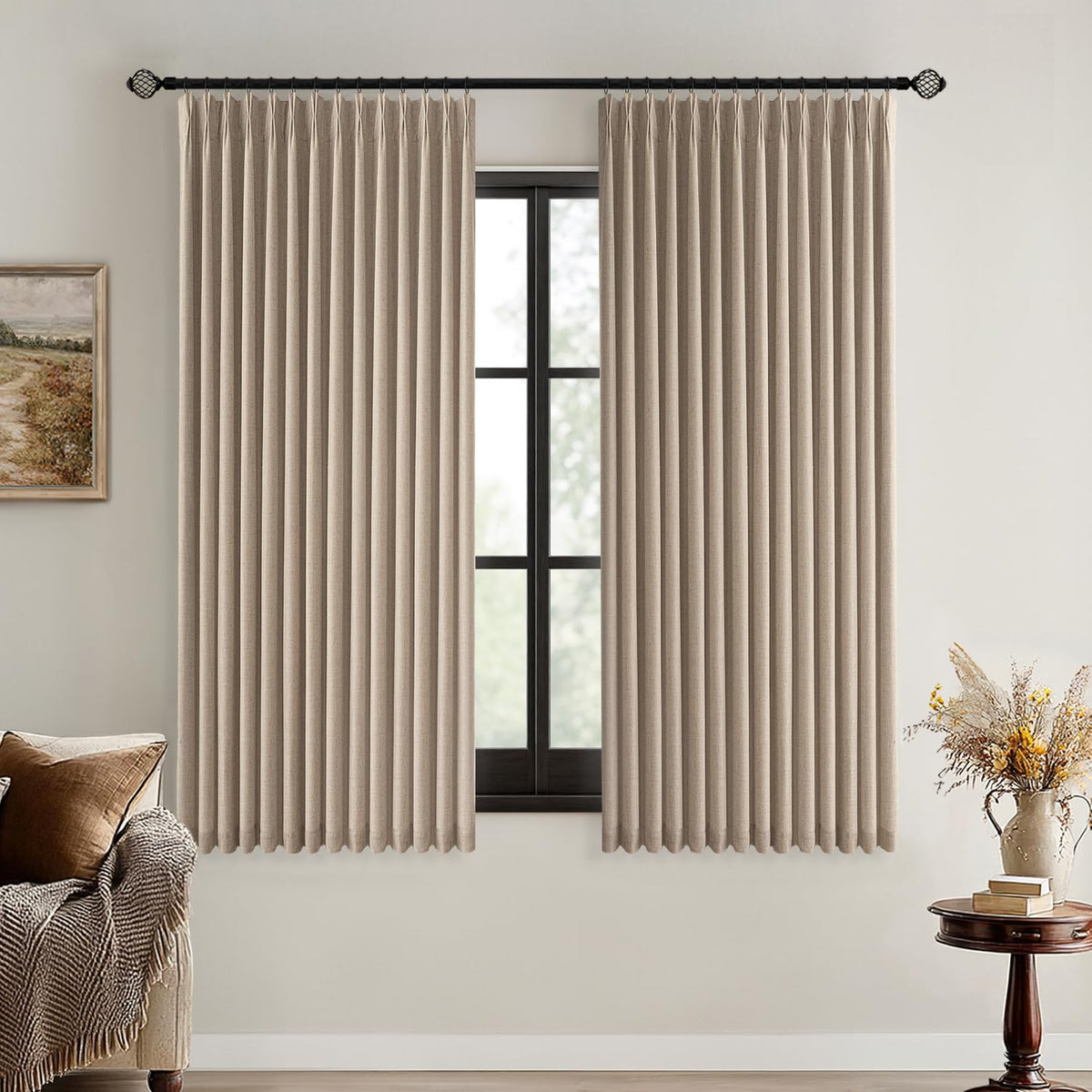 MIULEE Natural Pinch Pleated 100% Blackout Linen Curtains 40x84 Inches