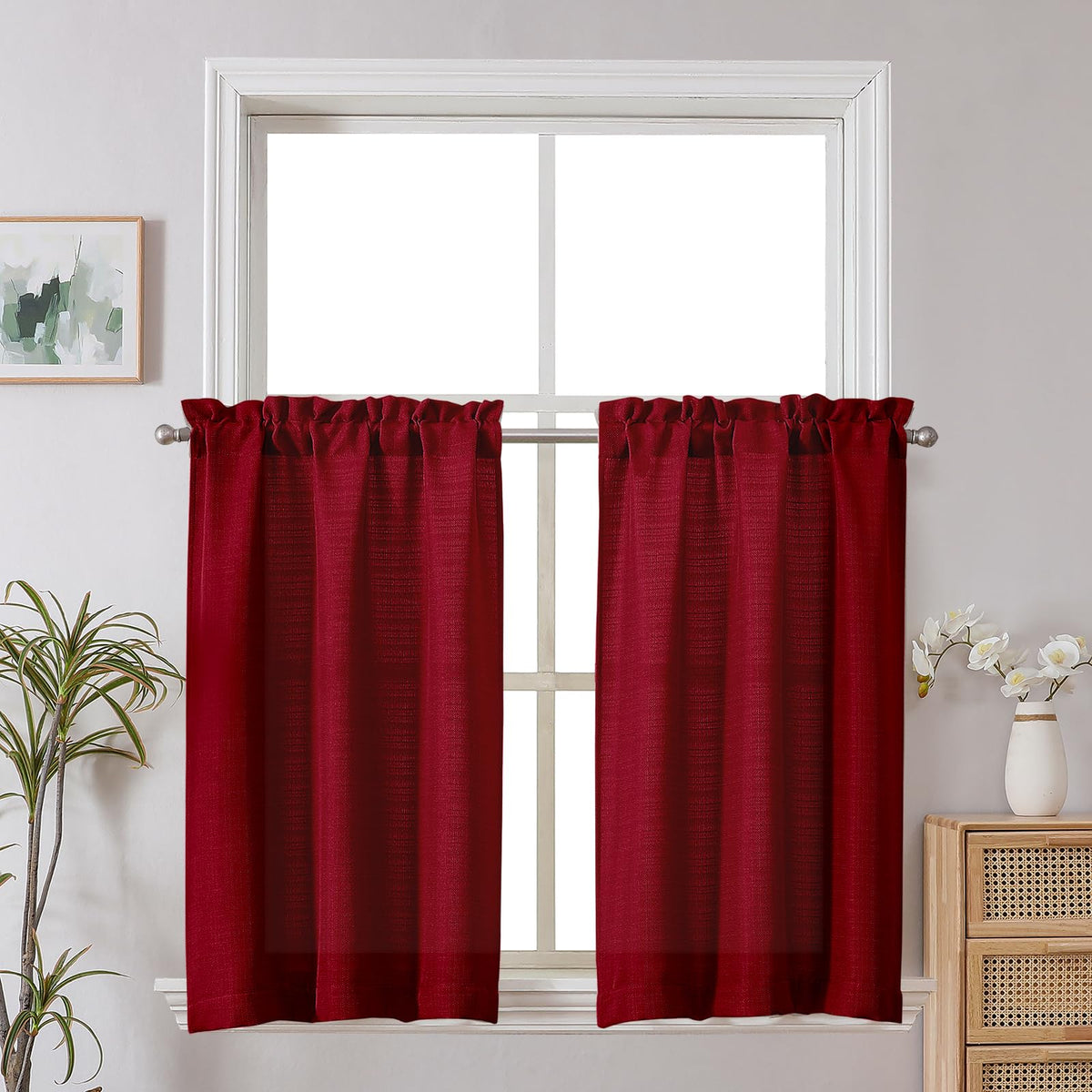 Chyhomenyc White Curtains 45 Inch Length 2 Panels, Faux Linen Textured