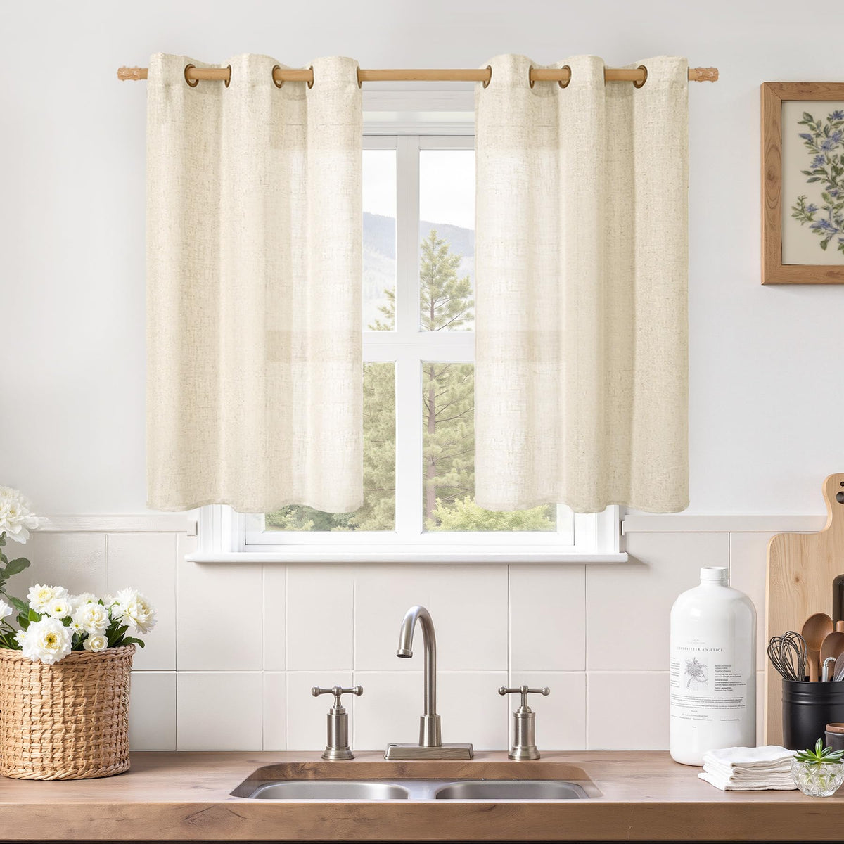 LAMIT Cream Ivory Linen Semi Sheer Curtains 84 inch Length for Bedroom