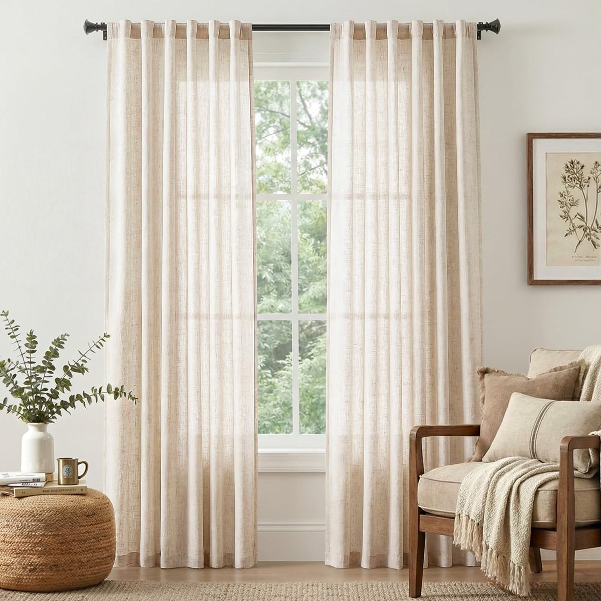 jinchan Linen Curtains Light Filtering Back Tab 50x96 Inch 2 Panels Beige