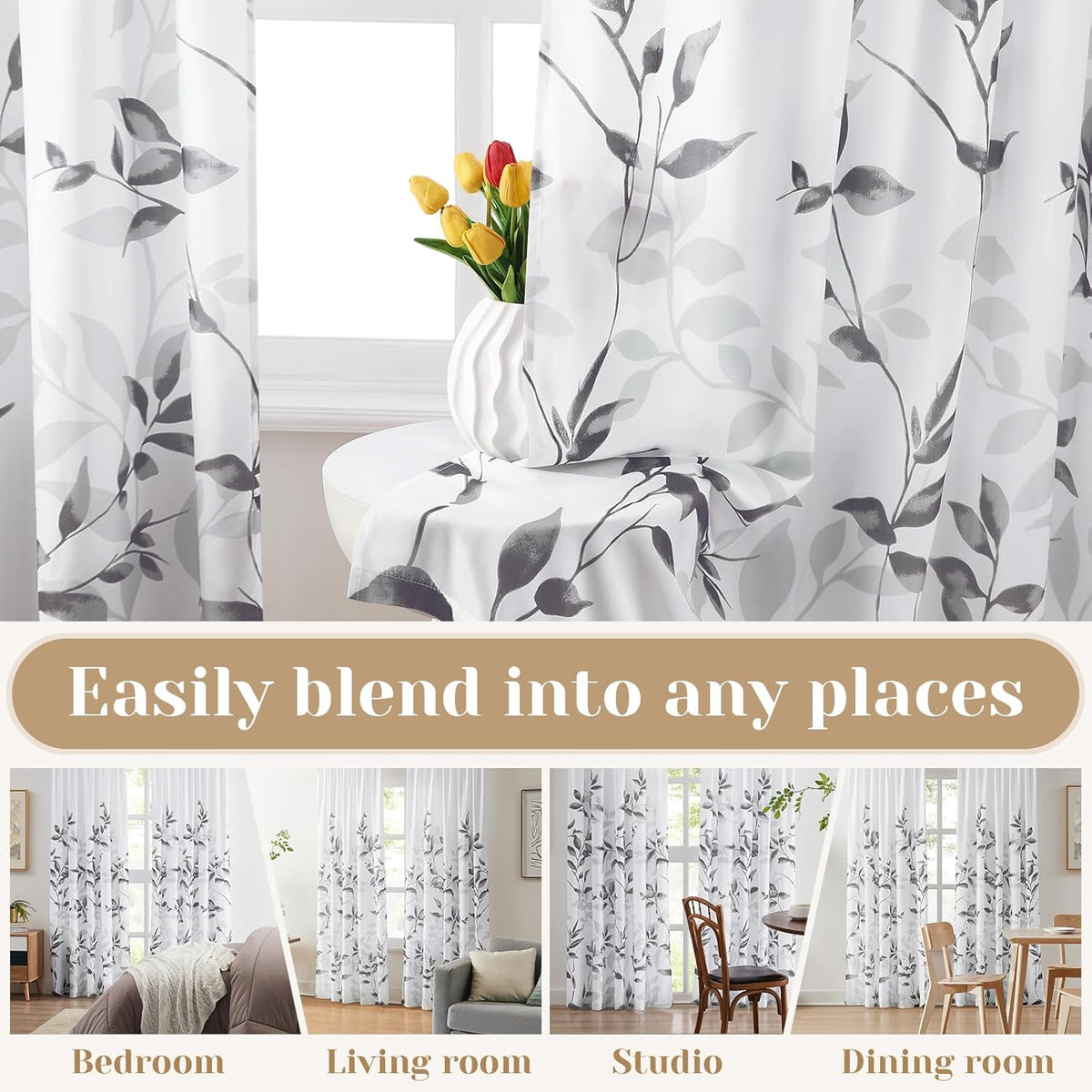 HOMEIDEAS Light Grey and White Privacy Sheer Curtains, 52X63 Inch, 2 Panels