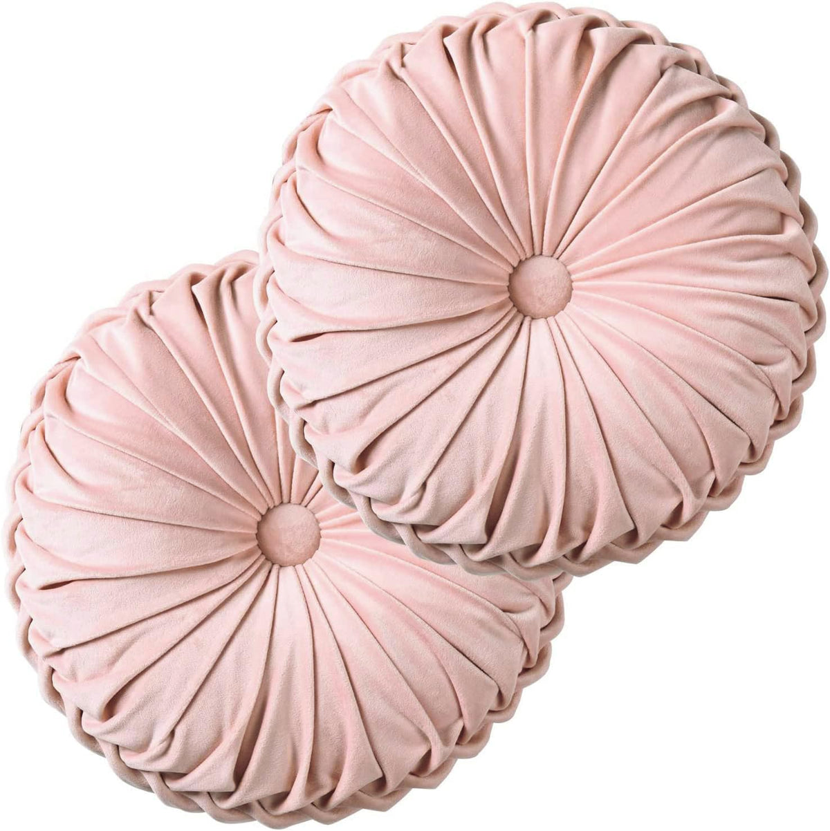 HIG Set of 2 Beige Velvet Decorative Round Pleated Throw Pillows