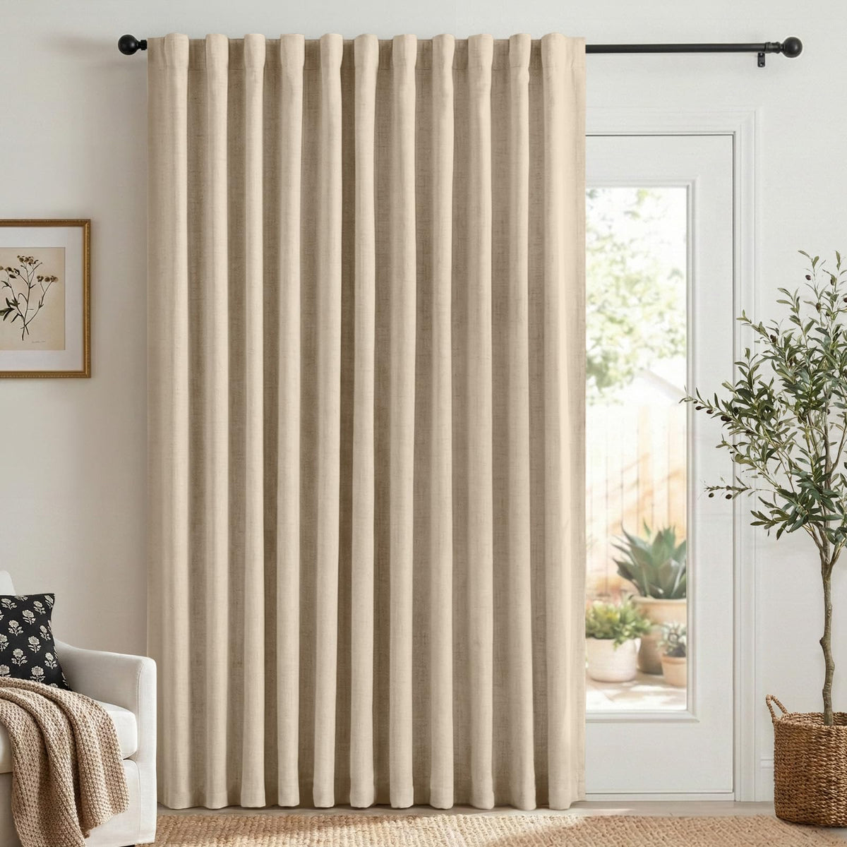 Linen Total Blackout Curtains for Bedroom Living Room 84 Inch, Cream