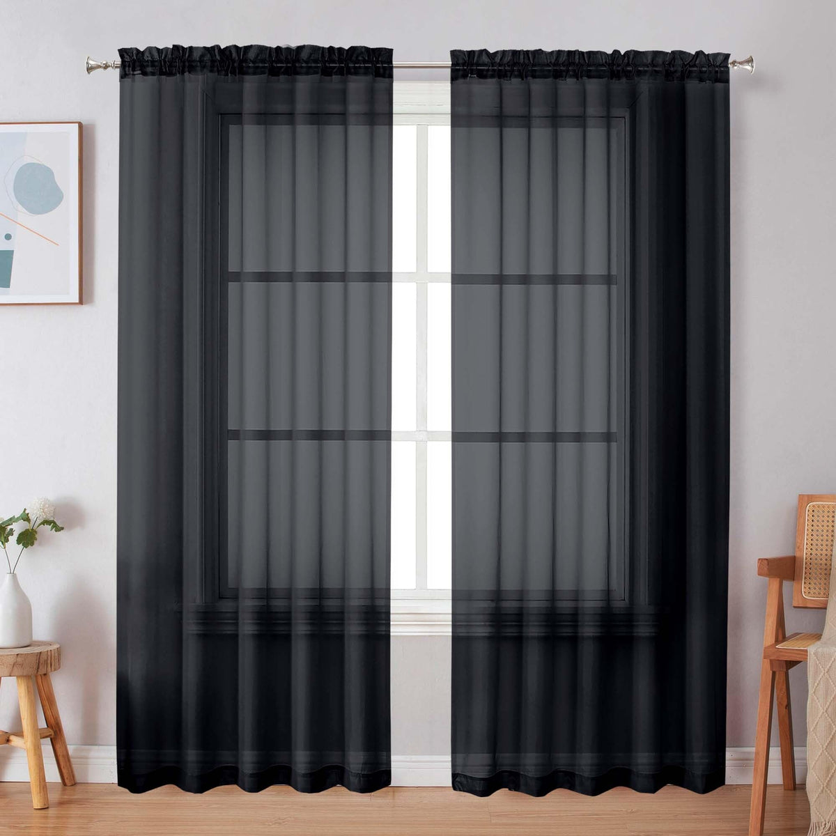 Simplebrand Black Sheer Curtains 84 Inches Long 2 Panels for Living Room
