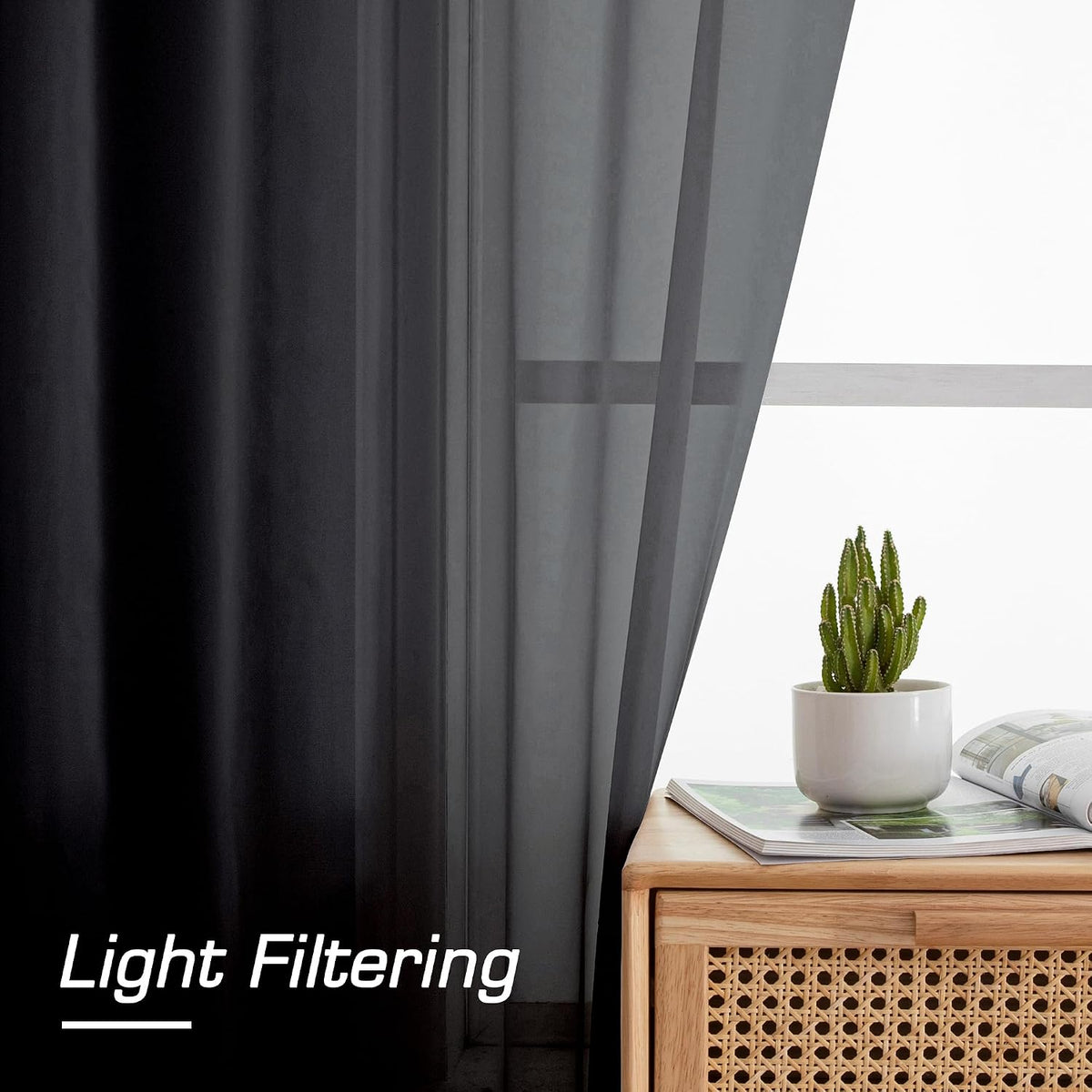 Simplebrand Black Sheer Curtains 84 Inches Long 2 Panels for Living Room