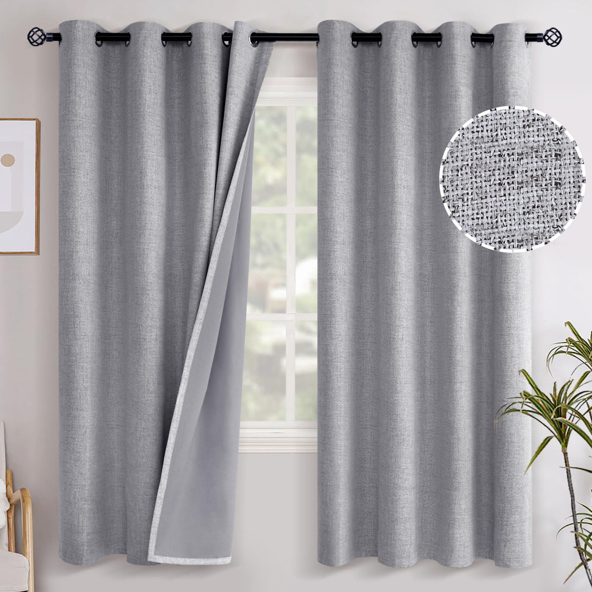 YoungsTex Linen Blackout Curtains 63 Inch Length Bedroom Beige Darkening