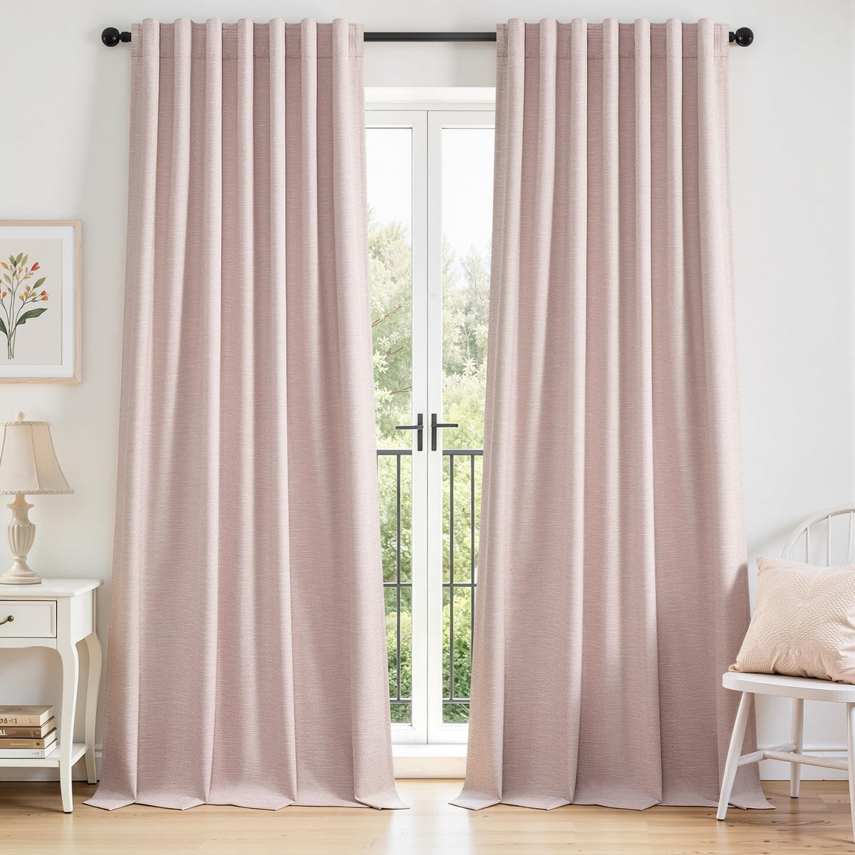 Topfinel Cream Ivory Blackout Curtains & Drapes 84 Inch Length, Beige Pinch Pleat Full Blackout Flax Linen Tab Top Soundproof Curtains with Hooks Rings for Bedroom Living Room Track 2 Panels Set