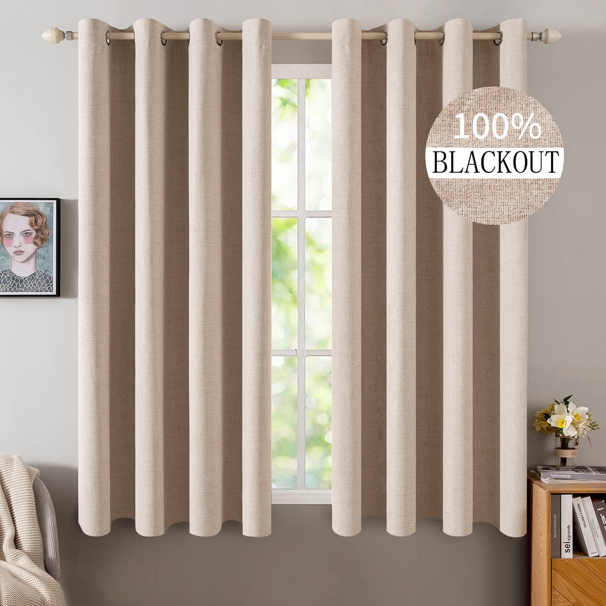MIULEE 100% Blackout Linen Curtains for Bedroom 52x84 Inches Natural Beige