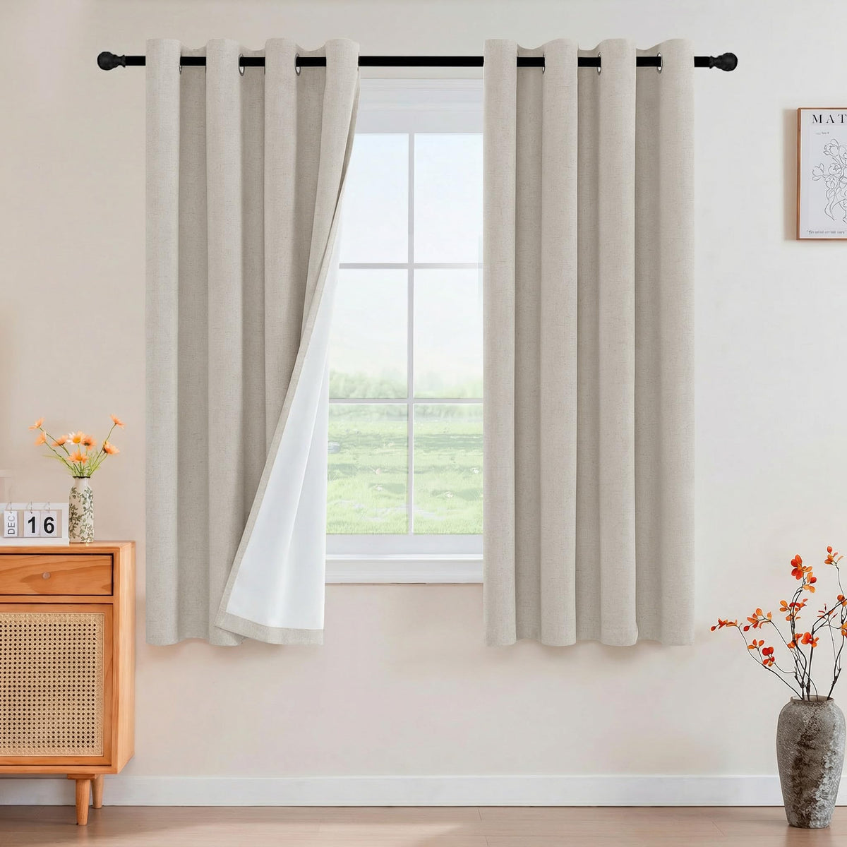 PrinceDeco Natural Linen Curtains 100% Blackout Linen Curtains for Bedroom Full Blackout Curtains 84 Inches Long Living Room Thermal Insulated Light Blocking Curtain Drapes White Backing, 2 Panels