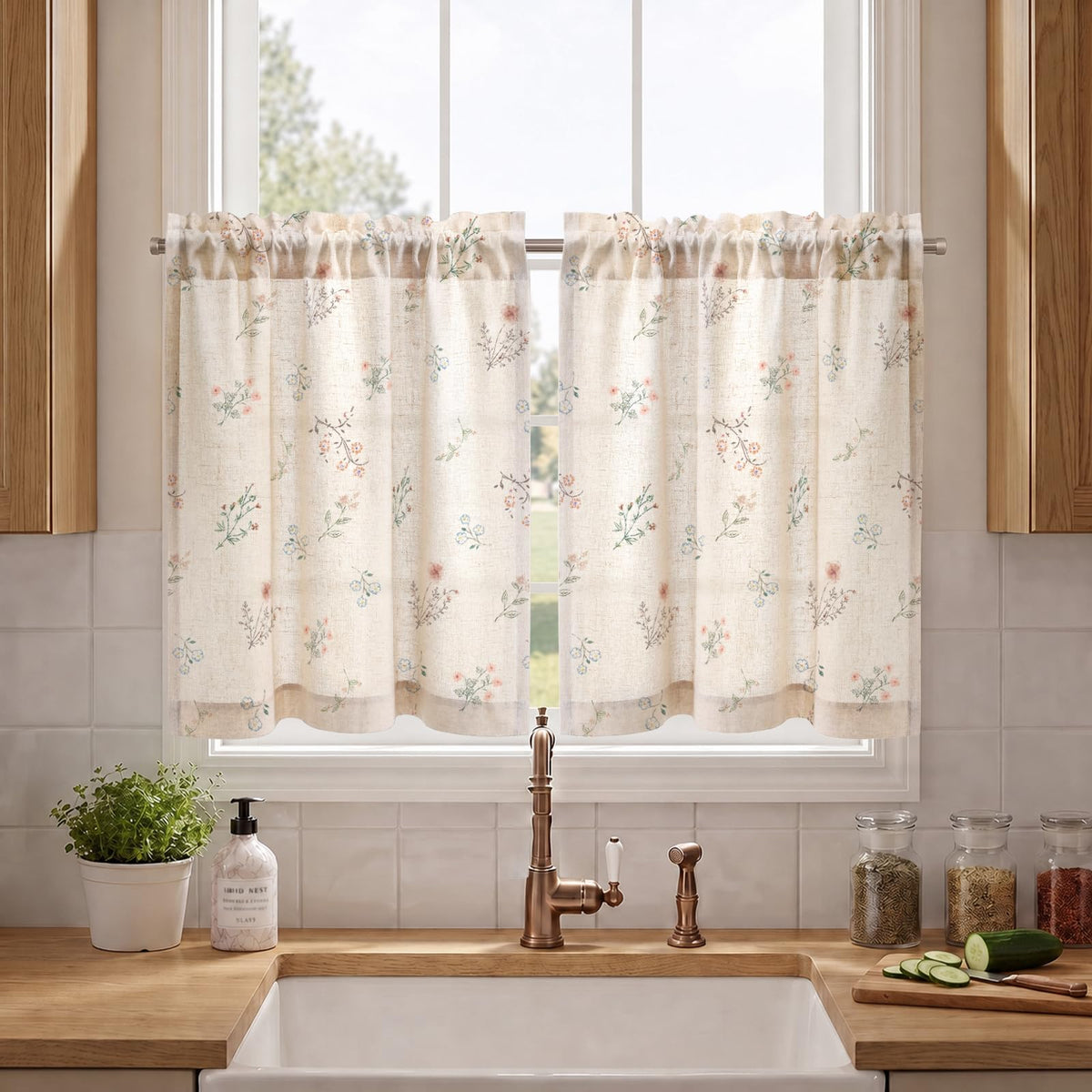 Boho Floral 100% Blackout Curtains 84 Inch 2 Panels Linen Texture