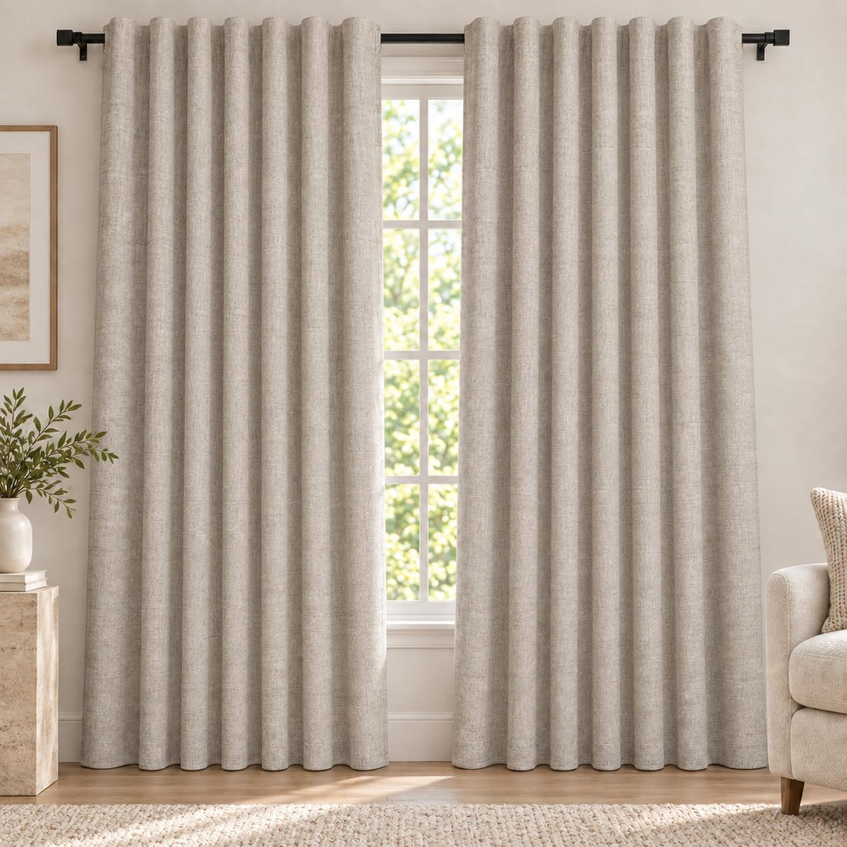 100% Blackout Curtains 84 inch Length Faux Linen (W52 x L84, Beige)