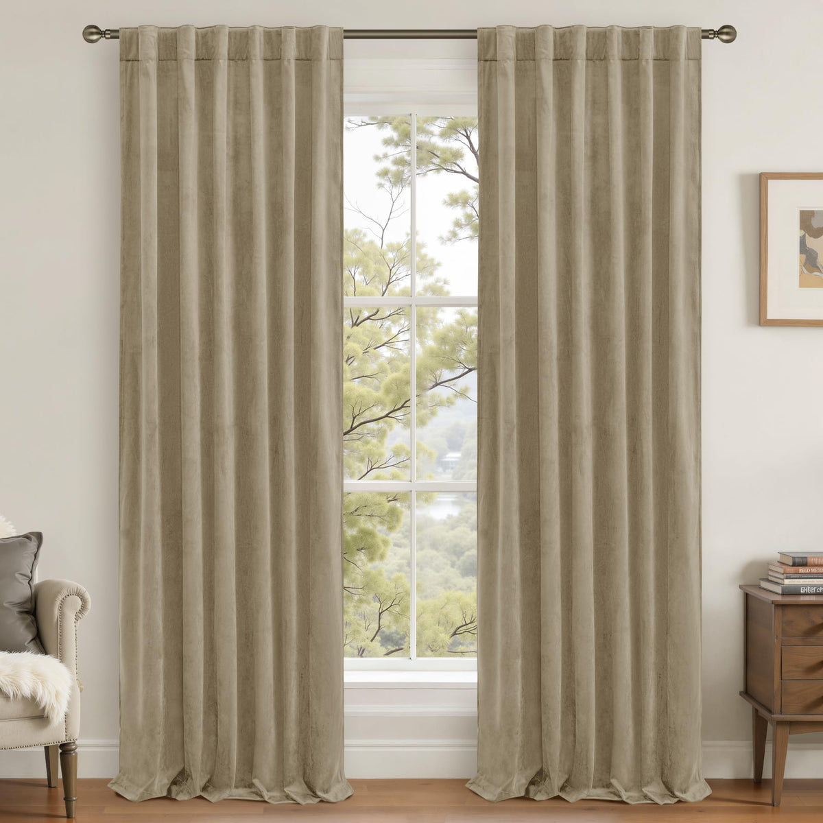 LAMIT Olive Green Velvet Curtains 84 Inch Length for Living Room, 2 Panels