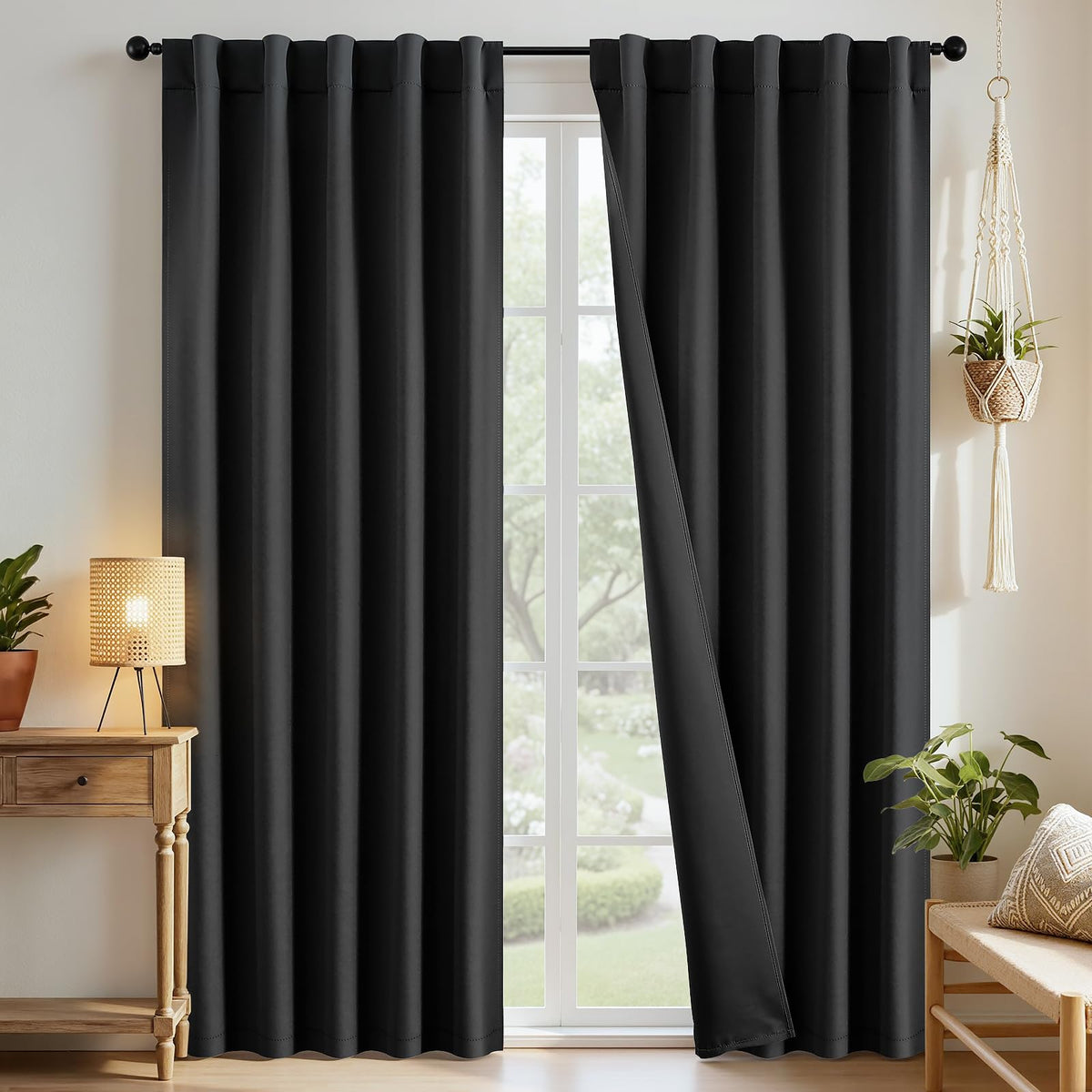 Joydeco Blackout Curtains for Bedroom, Black out curtains 96 inch long 2 Panels, Long Black Drapes with Rod Pocket Back Tab, Room Darkening Noise Reducing & Wrinkle-Free Drapes for Living Room Windows