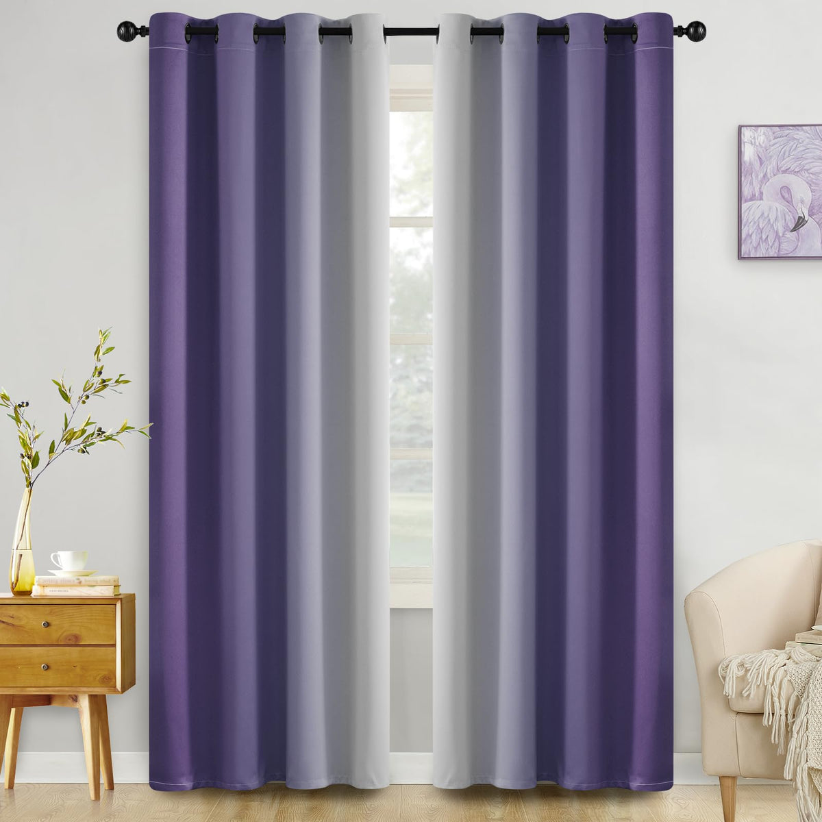 COSVIYA Grommet Room Darkening Ombre Purple Curtains W52xL63 inch