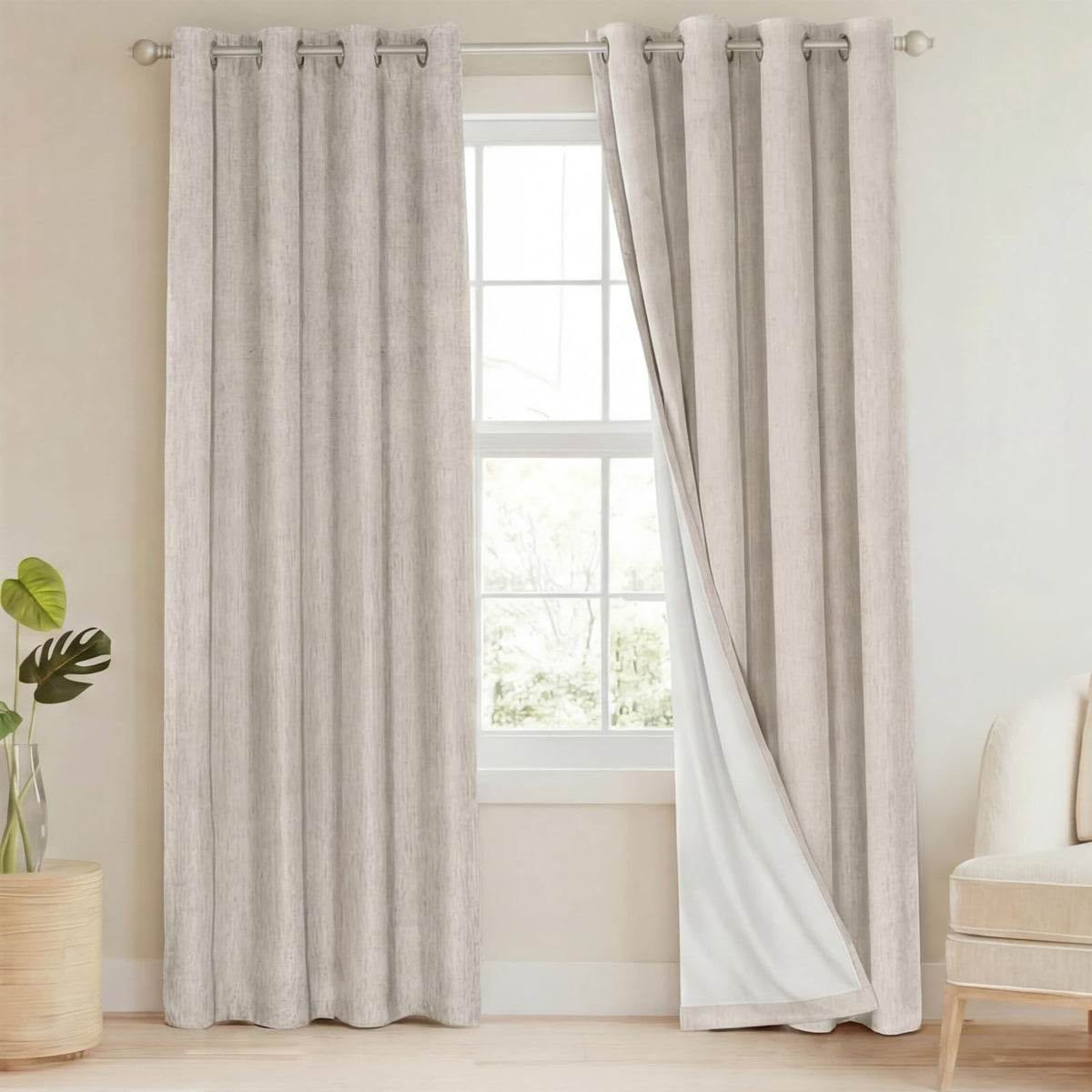 PrinceDeco Natural Linen Curtains 100% Blackout Linen Curtains for Bedroom Full Blackout Curtains 84 Inches Long Living Room Thermal Insulated Light Blocking Curtain Drapes White Backing, 2 Panels