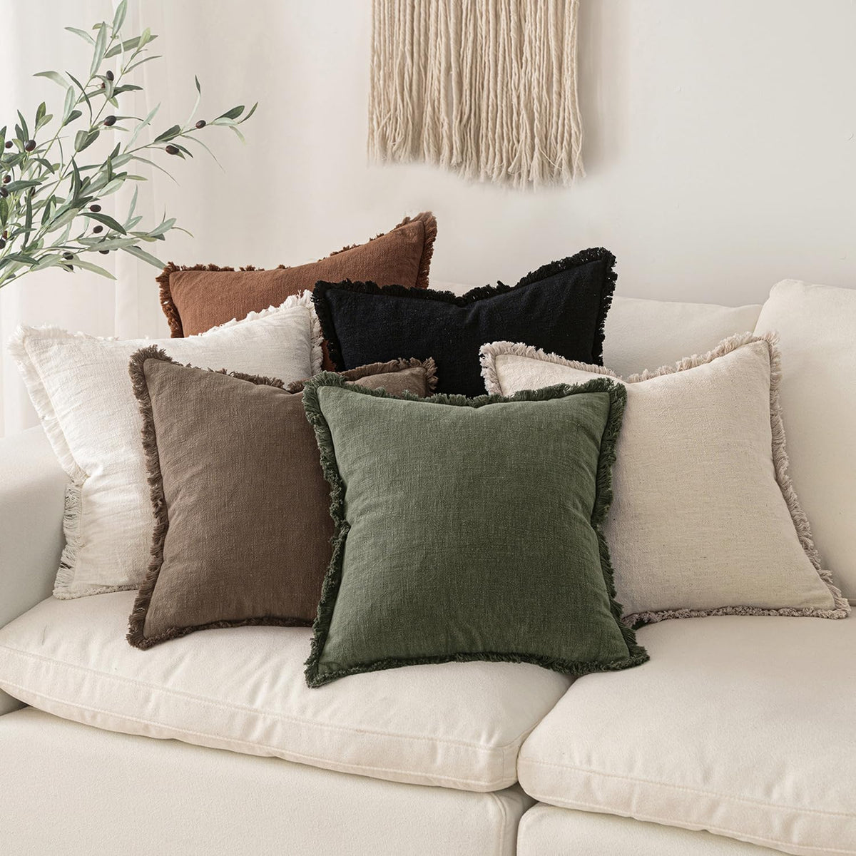 MIULEE Linen Fringe Decorative Fall Throw Pillow Covers Cocoa Brown 18x18
