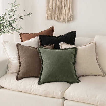 MIULEE Linen Fringe Decorative Fall Throw Pillow Covers Cocoa Brown 18x18