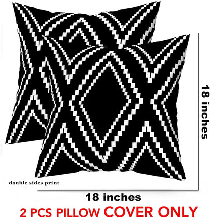 Outdoor Pillow Cover Waterproof Set of 2, Black and White Geometric Throw Pillows Cover for Patio Furniture, Outdoor Pillow Covers for Couch, Black (Black&White-01, 18" x 18" Pack of 2)