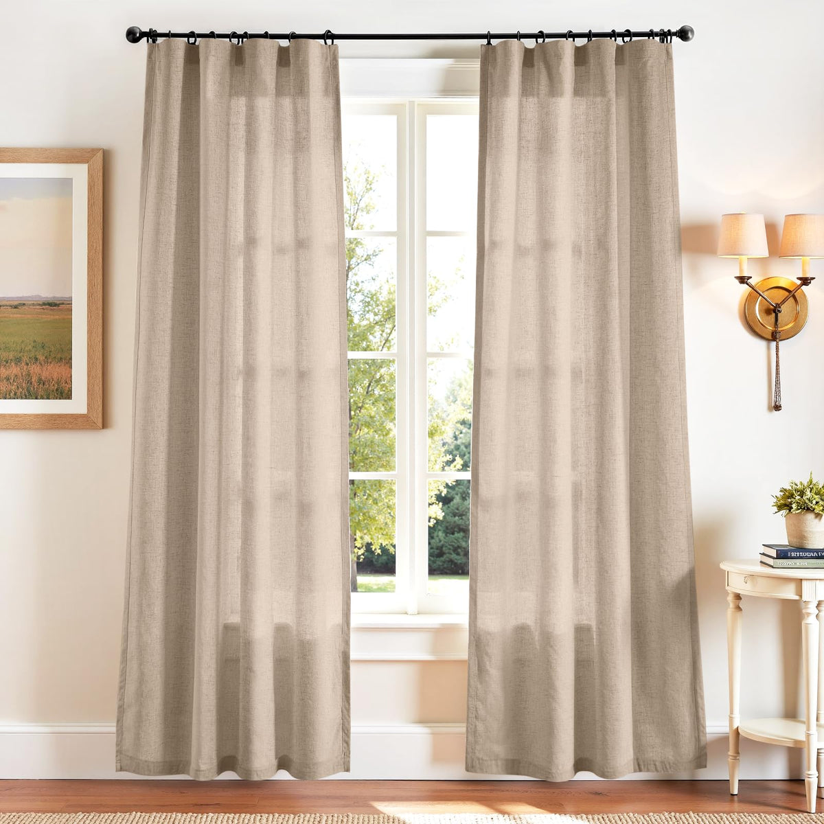 jinchan Linen Curtains Light Filtering Back Tab 50x96 Inch 2 Panels Beige
