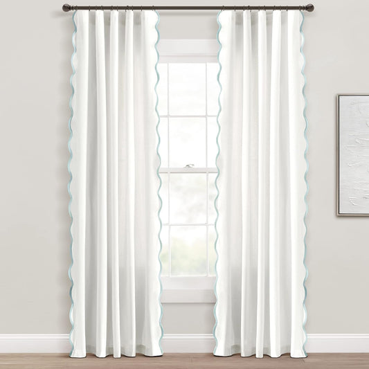 Lush Decor Coastal Chic Scalloped Edge Light Filtering Window Curtain Panels Pair, 52" W x 84" L, Blue & White - White Curtains for Living Room - Coastal Decor