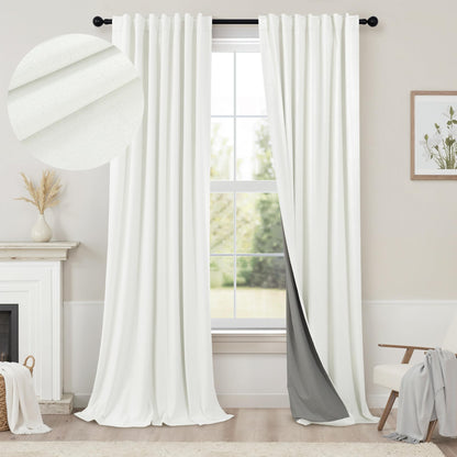 100% Blackout Curtains 84 Inch Length 2 Panels Set Neutral Boho Linen Farmhouse for Bedroom Windows Living Room Darkening Thermal Insulated Drapes Natural Cream Ivory 7ft Long Back Tab Pleated Pocket