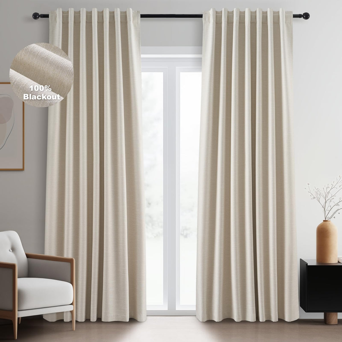 Topfinel Cream Ivory Blackout Curtains & Drapes 84 Inch Length, Beige Pinch Pleat Full Blackout Flax Linen Tab Top Soundproof Curtains with Hooks Rings for Bedroom Living Room Track 2 Panels Set