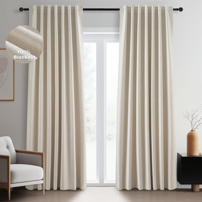 Topfinel Cream Ivory Blackout Curtains & Drapes 84 Inch Length, Beige Pinch Pleat Full Blackout Flax Linen Tab Top Soundproof Curtains with Hooks Rings for Bedroom Living Room Track 2 Panels Set