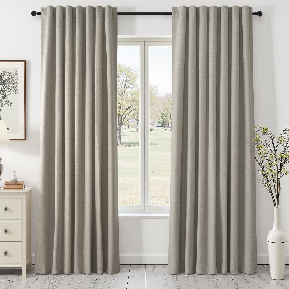 Topfinel Cream Ivory Blackout Curtains & Drapes 84 Inch Length, Beige Pinch Pleat Full Blackout Flax Linen Tab Top Soundproof Curtains with Hooks Rings for Bedroom Living Room Track 2 Panels Set