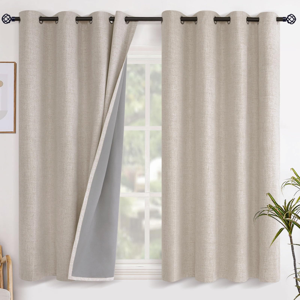 YoungsTex Linen Blackout Curtains 63 Inch Length Bedroom Beige Darkening
